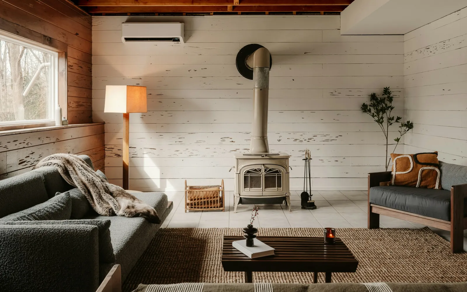 A black wood stove burning in a bright white living room between two sofas